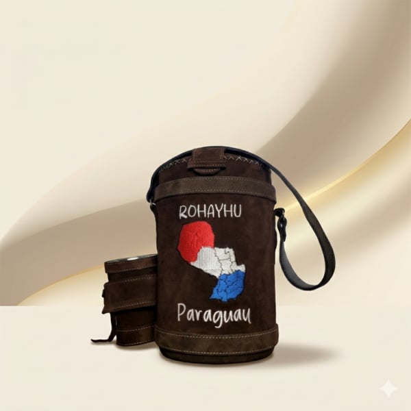 Termo de Cuero Bordado Paraguay (Mapa, Bandera y Frases)