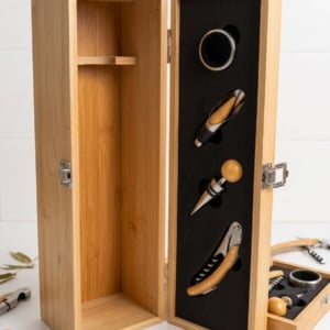 Estuche de Vino Premium en Bambú — Grande con Set de 4 Accesorios | Regalo Personalizable