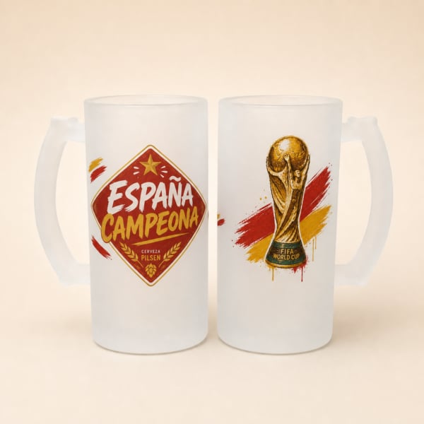 Jarra de Cerveza España Campeona del Mundo 2026 — Personalizada con Nombre · Cristal Esmerilado